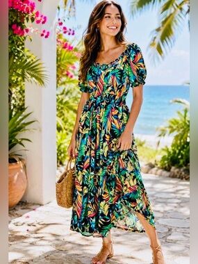 NWT Kindred Tropical Palm Print Maxi Dress 3X Puff Sleeve Button Front Vacay